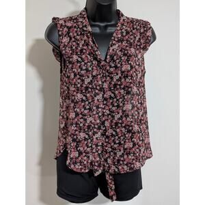 Forever21 Sheer Black Floral Sleeveless Blouse Ruffled Button Down Small